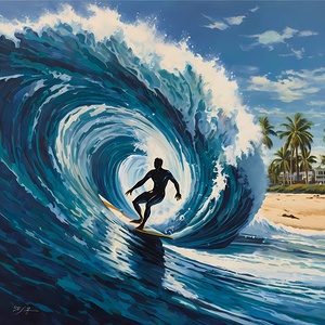 Default The mural showcases a dynamic and ating scene of a surfer riding a massive wave
