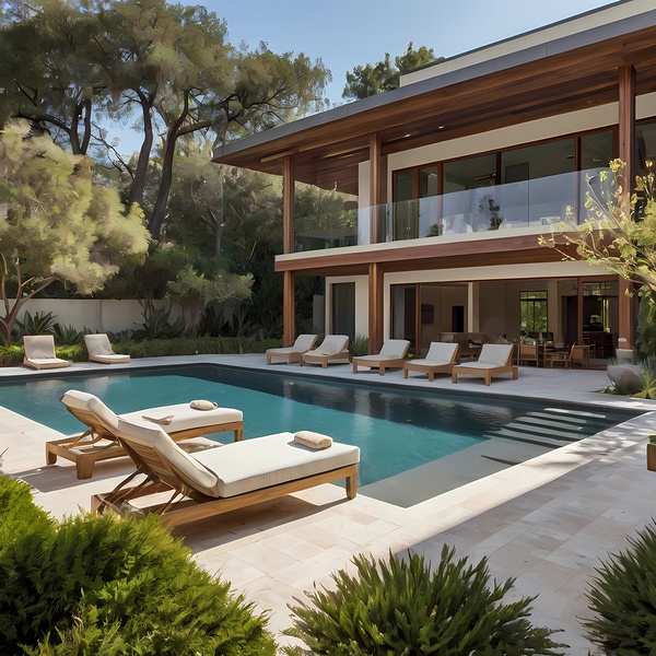 Default The backyard features a spacious pool surrounded by lounge chairs by LINA