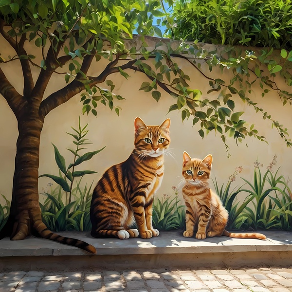 Default A high-quality wall painting depicts a cat and its kitten under the shade of a tree Print