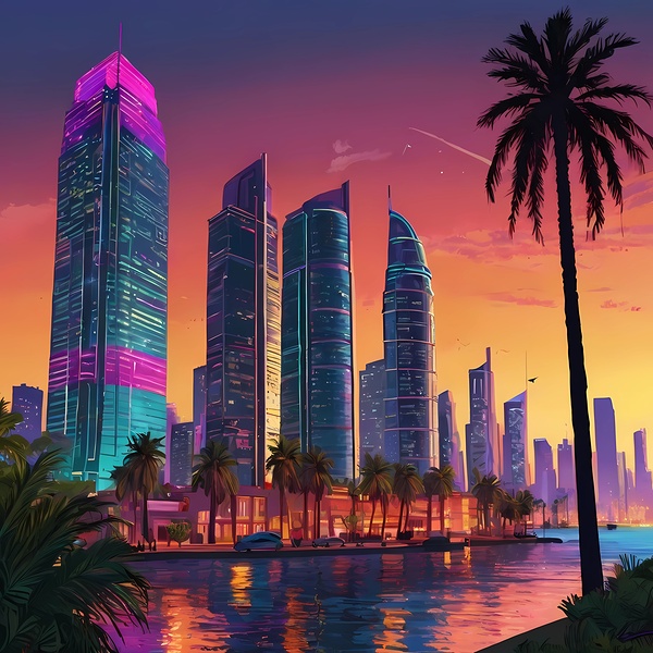 Default GTA VI style drawing of a vibrant coastal city Print