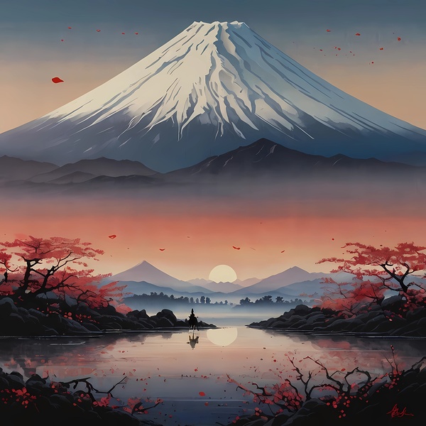 Default a portrayal of the first red sunrise gracing the silhouette of Mount Fuji harmonized with the gentle allure of plum blossoms . . by LINA