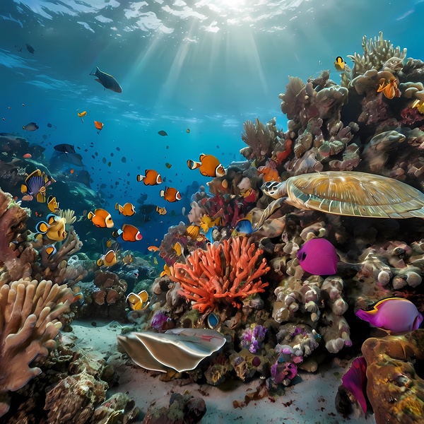 Default An underwater scene teeming with colorful coral busy clownfish and a gentle sea turtle swiming by LINA