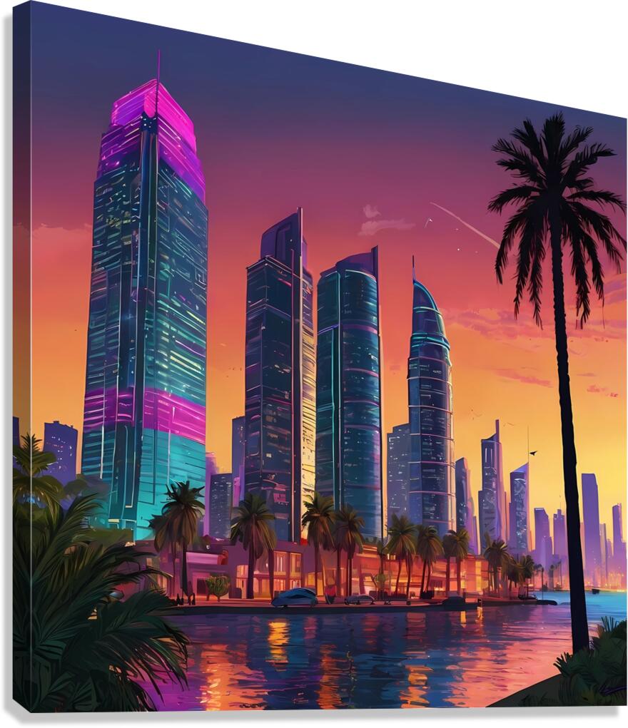 Default GTA VI style drawing of a vibrant coastal city Canvas Print