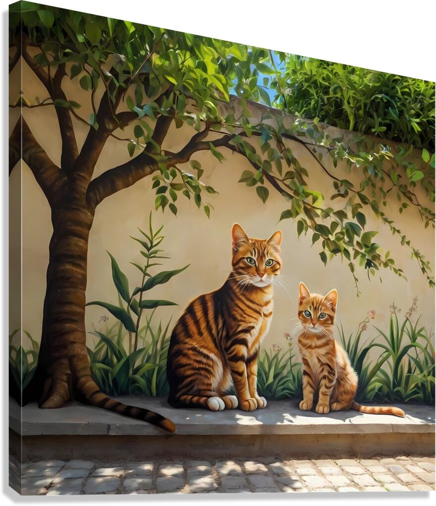 Default A high-quality wall painting depicts a cat and its kitten under the shade of a tree Canvas Print