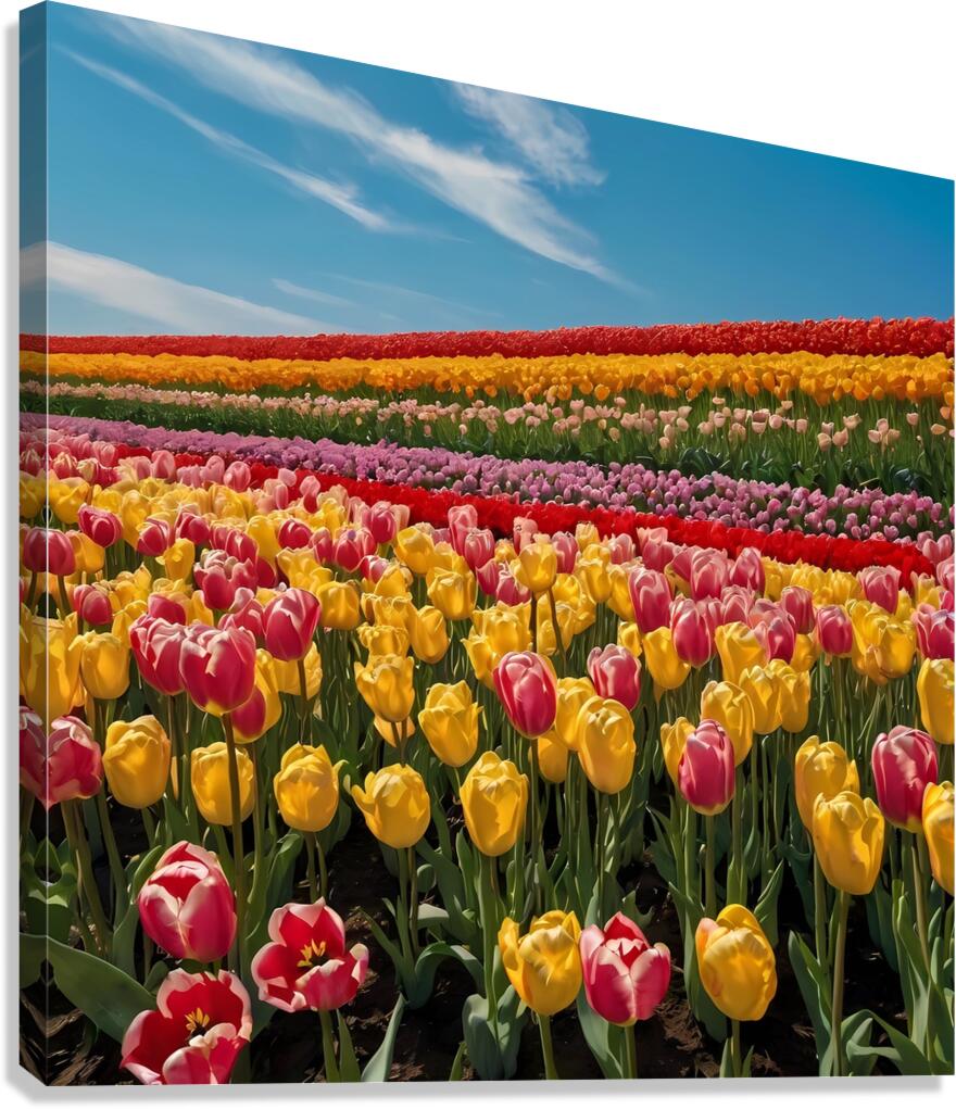 Default A field of tulips in different colors under a blue sky Canvas Print