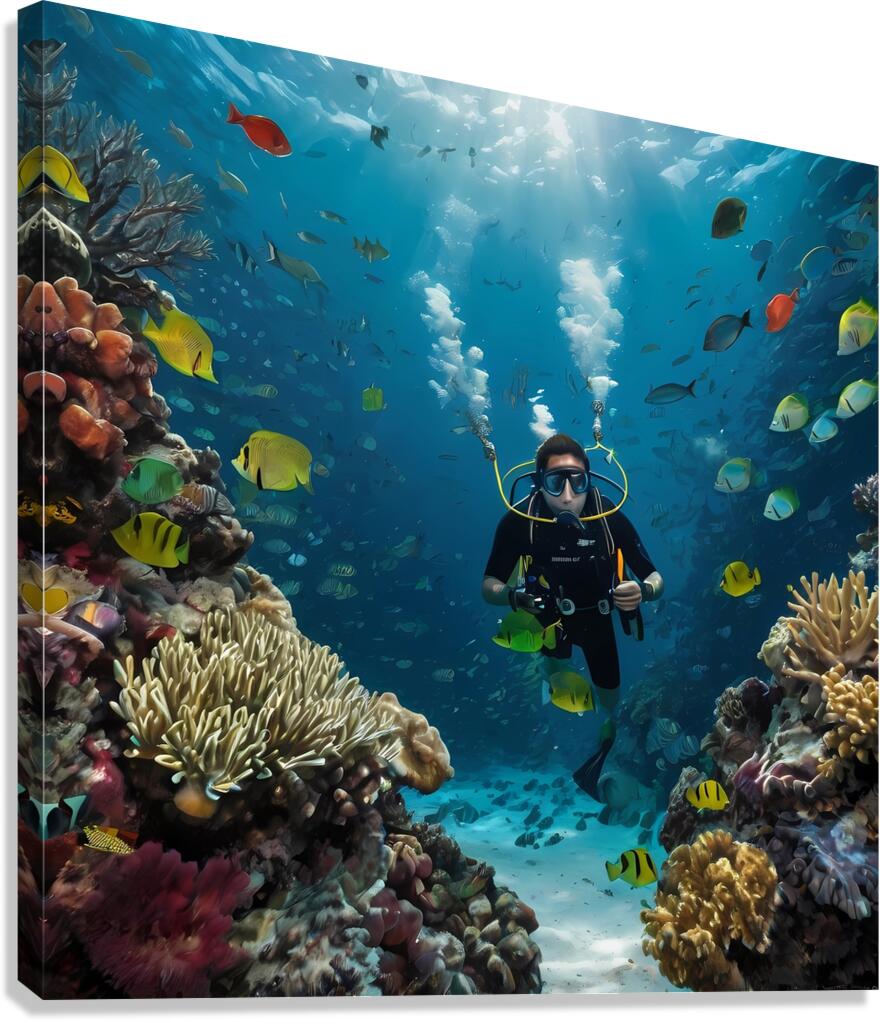 Default The mural is a highquality depiction of an underwater scene featuring a male diver exploring the depths of the ocean Canvas Print