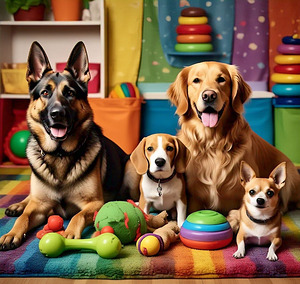 Puppy Party: Playful Dogs Enjoying a Colorful Setting