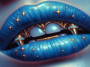 Oil painting Blue lips Gold Grillz