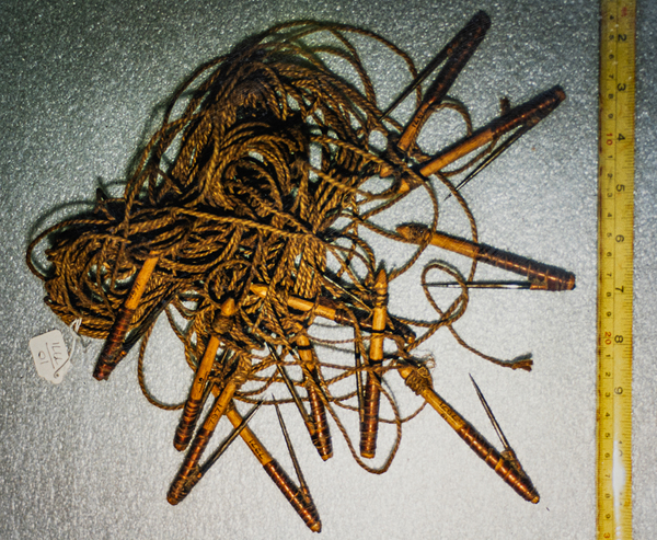 DSC 0609 Ktunaxa Fish Hooks with metal twined rope by Troy Hunter