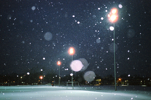 Soccer field while snowing
