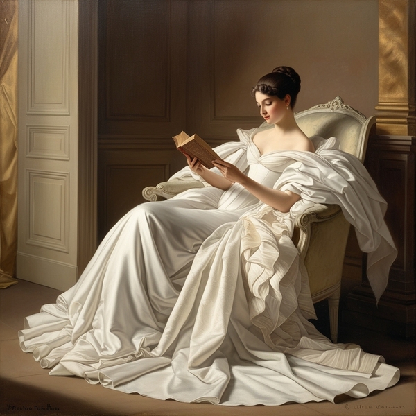 Timeless Elegance: Graceful Woman Reading in a Romantic Setting Print