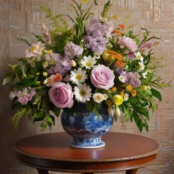 Elegant Mosaic Floral Still Life with Porcelain Vase – A Timeless Masterpiece