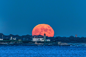 Beaver Moon Rising over Beavertail Lighthouse 