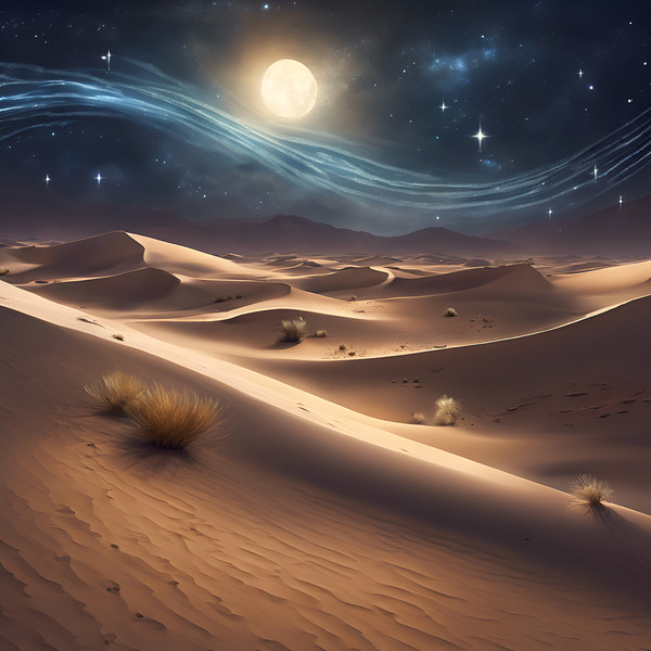 Picture a desert landscape under a starry night sky Print