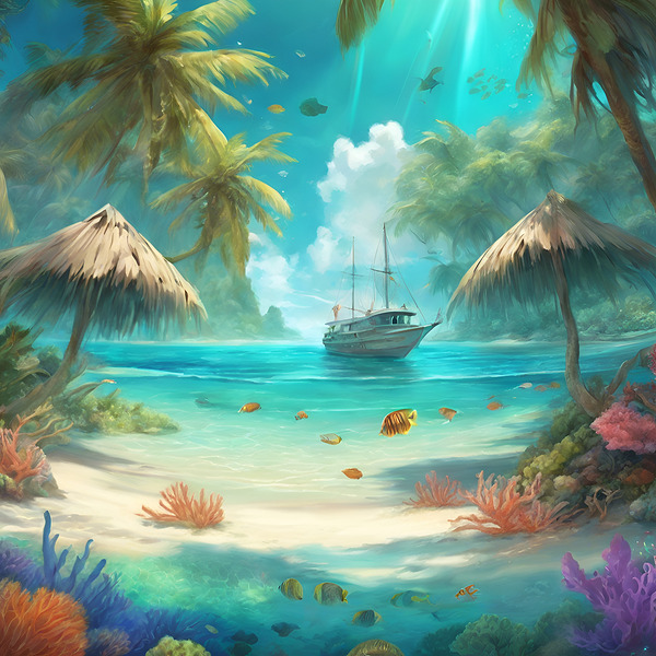 Visualize a pristine tropical beach with crystal-clear Print