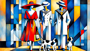 Avant-Garde Elegance: Red-Hatted Muse and Sailor Stripes in Geometric Harmony