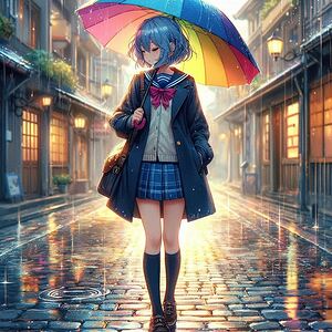 Beautiful Anime girl  walking in the rain holding an umbrella 