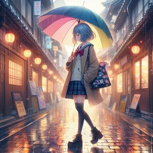Beautiful Anime girl  walking on puddles of water