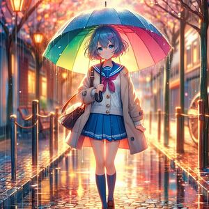 Beautiful Anime girl holding a rainbow umbrella 