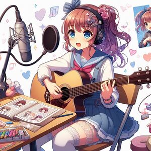 Beautiful Anime girl in white background playing a guitar and singing 