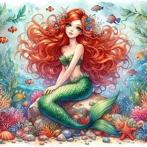 Beautiful Mermaid with fiery red curly hair 