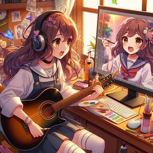 Beautiful Anime girl  with headphones playing guitar 