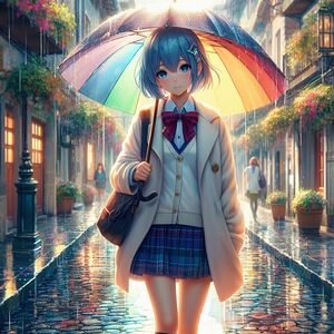 Beautiful Anime girl  shielding from the rain 