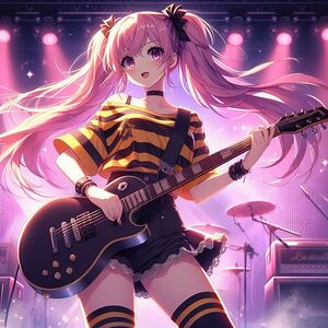 Beautiful Anime girl  in purple background holding guitar 