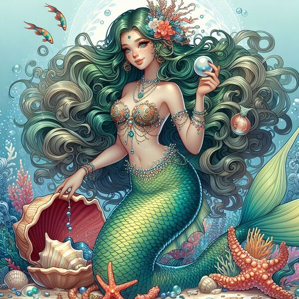 Beautiful Mermaid with green curly hair  Print