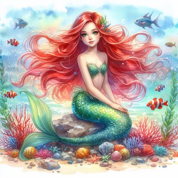 Beautiful Mermaid with flowing red long hair  by oyizamarvellous@gmail com