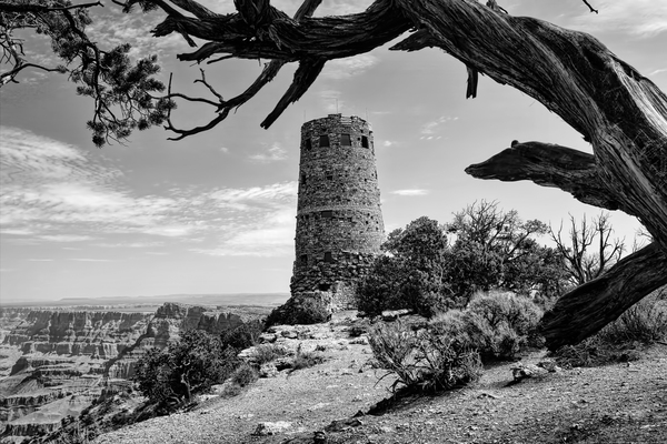 Arise - Desert View Watchtower in B&W by Chrystyne Novack