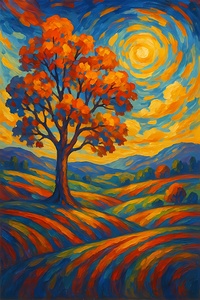 A vibrant painting in a Post-Impressionist style featuring a colorful tree swaying at the center amid layered hills and swirling clouds in the sky. Bold colors and expressive details give it a captivating dramatic energy.