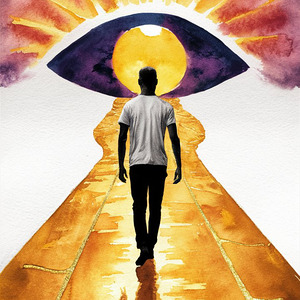 Watercolor depicting a surreal portrait of a man walking along a path leading to an eye-shaped hole in the horizon against a bright sunset sky monochrome shimmering gold accenting the path. illustration photo 3d render painting portrait photography