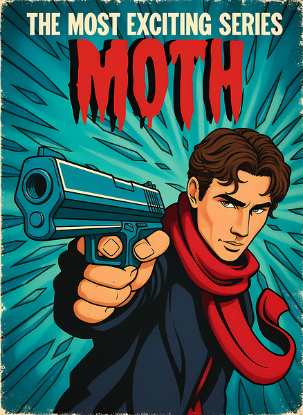 Retro Comic Noir Poster – Hero with Pistol and Red Scarf Wall Art Print. by CRID