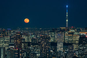 Tokyo Skytree and Full Moon at nigh