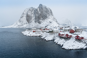 Small red huts in the Snow in Norway