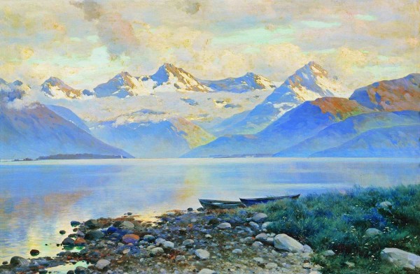 Large Rusian lake with mountains in the back Print