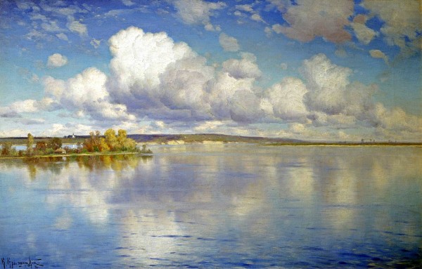 Large lake along a Russian landscape with church in the back Print