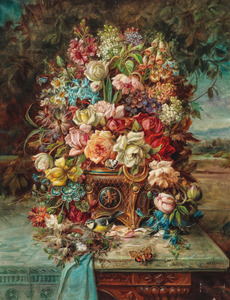 Hans Zatzka 1859 1945 Reiches Blumenstillleben mit Blaumeise vor einer weiten Landschaft
