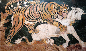 Roman mosaic of coloured marble  opus-sectile panel - Tiger attacking a calf  4th century CE  1