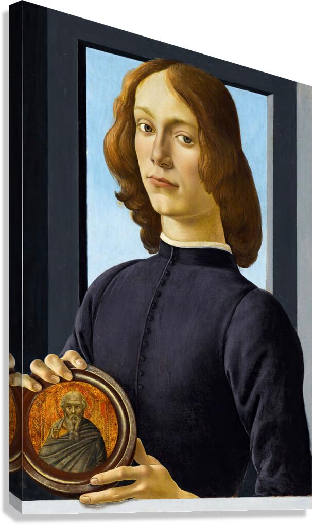  Sandro Botticelli 1445 1510  Portrait of a young man holding a roundel Canvas Print