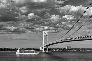 Verrazzano Bridge and Cargo Ship B W