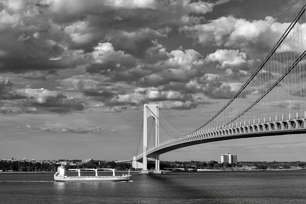 Verrazzano Bridge and Cargo Ship B W Print