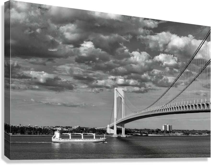 Verrazzano Bridge and Cargo Ship B W Canvas Print