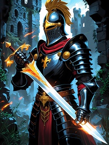 Epic Knight with Flaming Sword – Medieval Fantasy Warrior Art