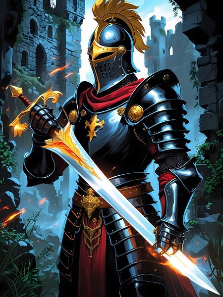 Epic Knight with Flaming Sword – Medieval Fantasy Warrior Art Print