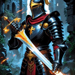 Epic Knight with Flaming Sword – Medieval Fantasy Warrior Art