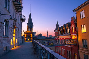  Maria elevator at dusk Stockholm narrow colorful streets