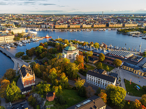 High angle view of the island of Skeppsholmen in central stockholm with autumn colours.	