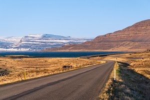 Road in the high arctic nature of Iceland Westfjords.